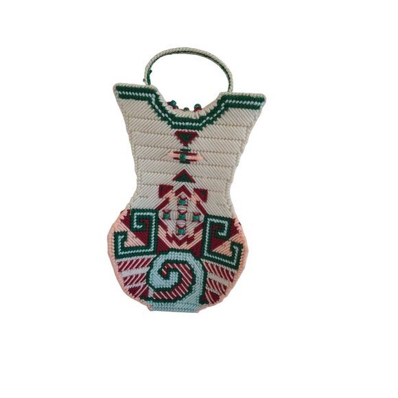 Handmade Needlepoint Southwest Style 11"x7"x2.5" Wedding Vase Decorative Vintage - Picture 3 of 7